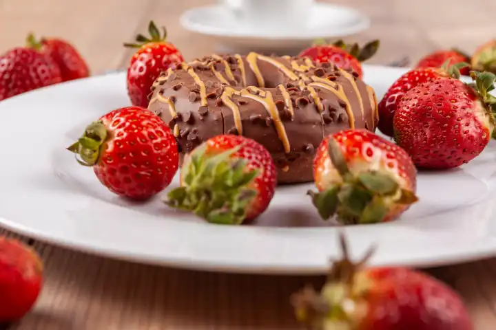Ein köstlicher Schokoladen-Donut auf einem weißen Teller, garniert mit einer frischen Erdbeere, auf einem rustikalen Holzuntergrund.