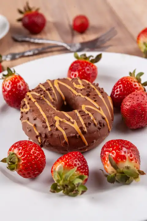 Dekorativer Hingucker: Schoko-Donut mit Erdbeeren als Eyecatcher auf jedem Kuchenbuffet