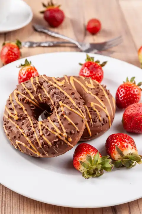 Das Bild zeigt zwei Schokoladen-Donuts auf einem weißen Teller, der auf einem hölzernen Untergrund steht. Die Donuts sind mit frischen Erdbeeren garniert und mit Kuchengabeln daneben. Die Erdbeeren sind rot und saftig und die Schokolade ist dunkel und glänzend. Die Donuts sehen köstlich und einladend aus.