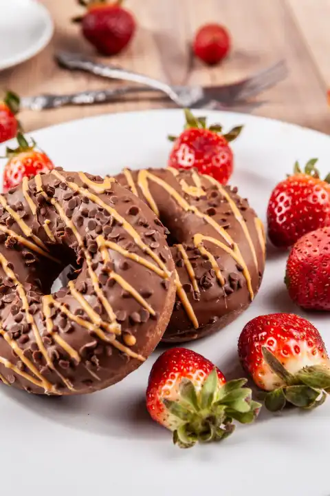 The picture shows two chocolate doughnuts on a white plate perched on a wooden surface. The doughnuts are garnished with fresh strawberries and arranged with cake forks beside them.