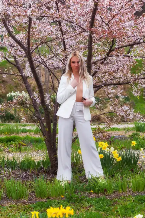 Eine junge, blonde Frau steht stilvoll in einem weißen Hosenanzug mit offenem Jacket, das ihren Brustansatz zeigt. Sie ist von einer Fülle an Blüten umgeben, die eine farbenfrohe und lebendige Atmosphäre schaffen. Die Szene strahlt Eleganz, Modebewusstsein und eine natürliche Schönheit aus.