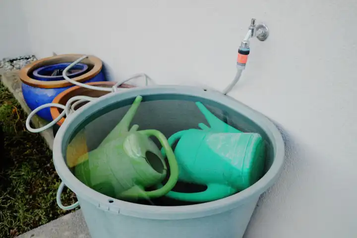 Watering cans float in water buckets