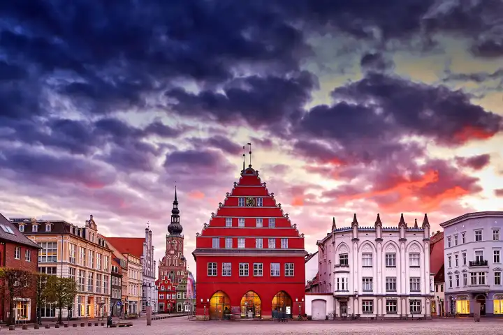 historical market of Greifswald in the sunset
