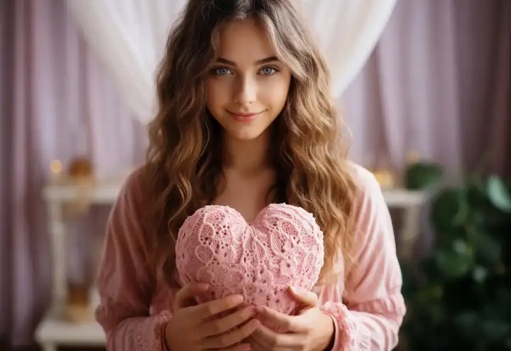 Romantisches Foto einer jungen Frau, die ein rosa gehäkeltes Herz in den Händen hält, vor unscharfem Hintergrund., generiert mit KI