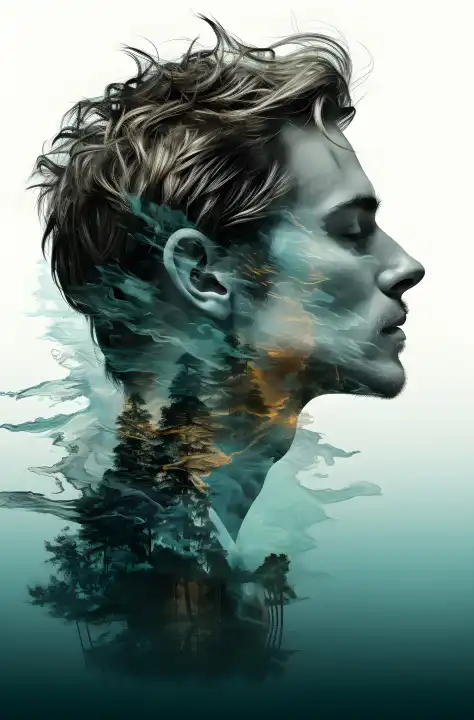 A profile portrait of a man with artistic dispersion and fading effects, generated with AI