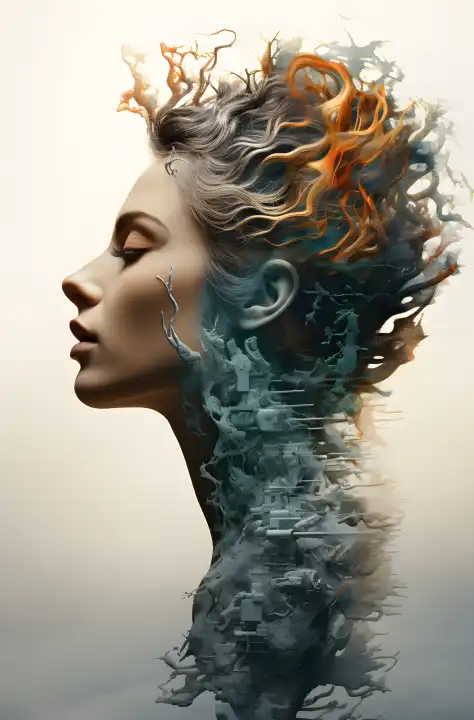 A female profile portrait with artistic effects and dissolving motif, generated with AI