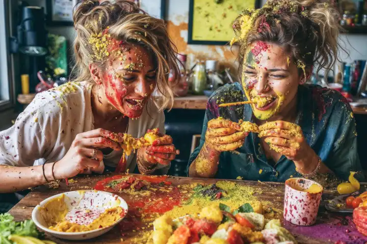 Zwei Teenager Mädchen genießen gemeinsam eine ausgelassene, spaßige Mahlzeit, Essensschlacht am Küchentisch, KI-generiert