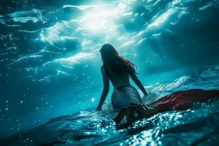 Mermaid on an underwater cliff looks into the depths of the turquoise ocean, AI generated
