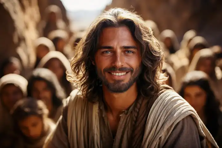 Darstellung von Jesus von Nazaret umgeben von seinen Jüngern in einer historischen Szene, KI-generiert