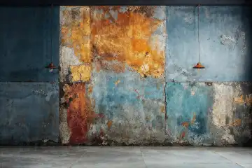 Photo of an abandoned hall with a weathered wall in turquoise and orange and grey soil, AI generated