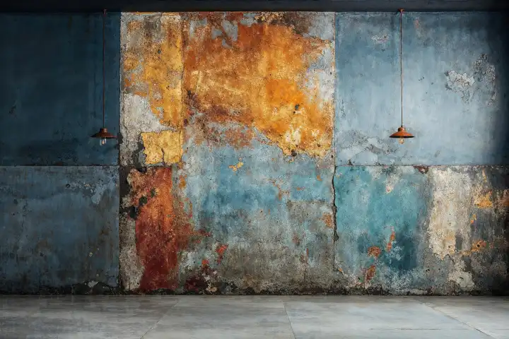 Foto einer verlassenen Halle mit einer verwitterten Wand in Türkis und Orange und grauem Boden, KI-generiert