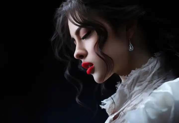 Romantisches Profilportrait einer asiatischen Frau mit sanfter Haut und markant roten Lippen, KI-generiert