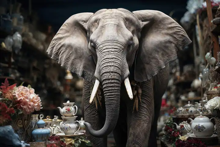 Elefant im Porzellanladen: Bildliche Umsetzung des bekannten Sprichworts, KI-generiert