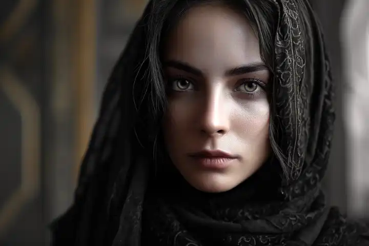 Frontalportrait einer jungen islamischen Frau mit Kopftuch, thematisierend den Kopftuchzwang, KI-generiert