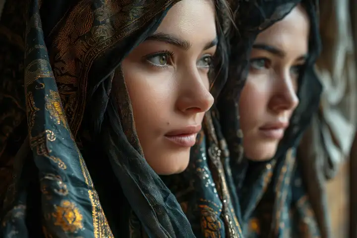 Profilportraits zweier junger islamischer Frauen mit Kopftuch, symbolisierend Glaube und Gemeinschaft, KI-generiert