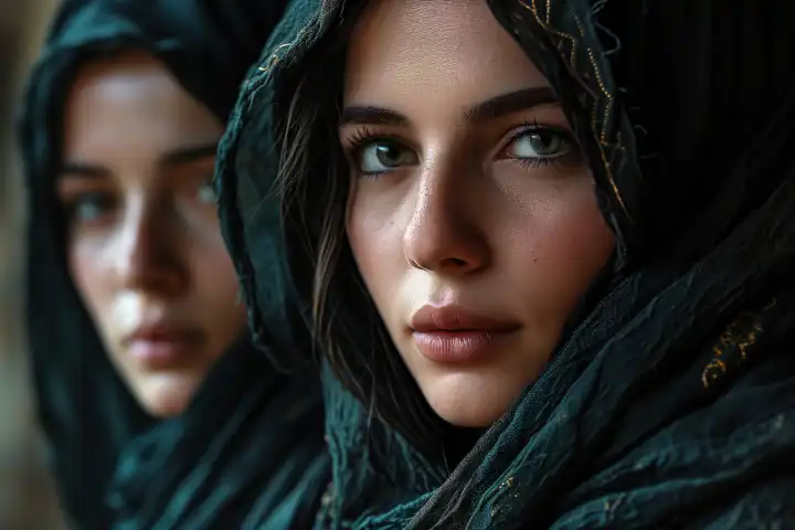 Seitliches Portrait zweier junger islamischer Frauen mit Kopftuch, die sich zur Kamera wenden, KI-generiert