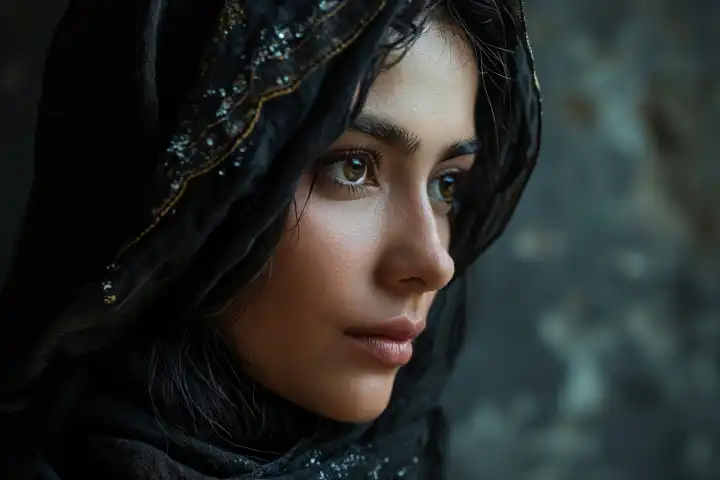 Seitliches Portrait einer jungen islamischen Frau mit Kopftuch, betont durch sanftes Licht, KI-generiert