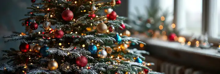 Nahaufnahme eines festlich geschmückten Weihnachtsbaums in einem weihnachtlichen Zimmer, ideal für Banner, KI-generiert