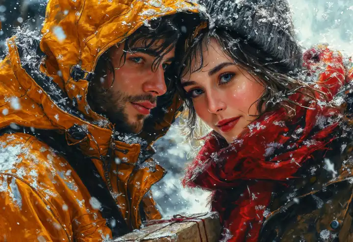Illustration of a couple with a gift in the snow, in the style of an acrylic painting, AI generated