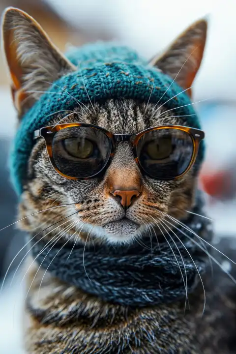 Porträt einer Katze mit Brille und türkiser Wollmütze, cool und stilvoll, KI-generiert