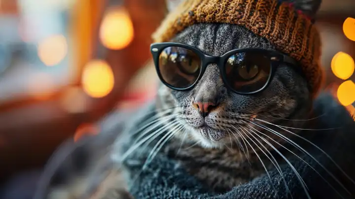 Portrait of a cat wearing glasses and a light brown woolly hat against a blurry background, AI generated