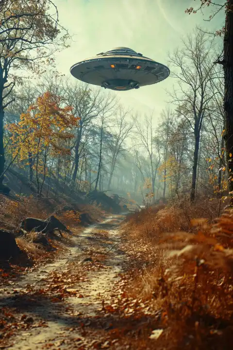 Ufo schwebt über Waldweg – ein faszinierendes Buchcover-Design mit Science-Fiction-Thema, KI-generiert