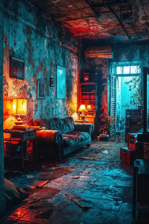 Mysteriöser Lost Place mit Sofa und leuchtenden Lampen in Türkis und Orange für Buchcover-Design, KI-generiert