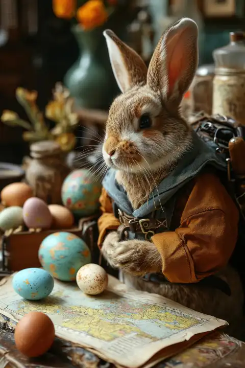 Easter Bunny looks at a map with a thought to plan the route for hiding the Easter eggs, AI generated