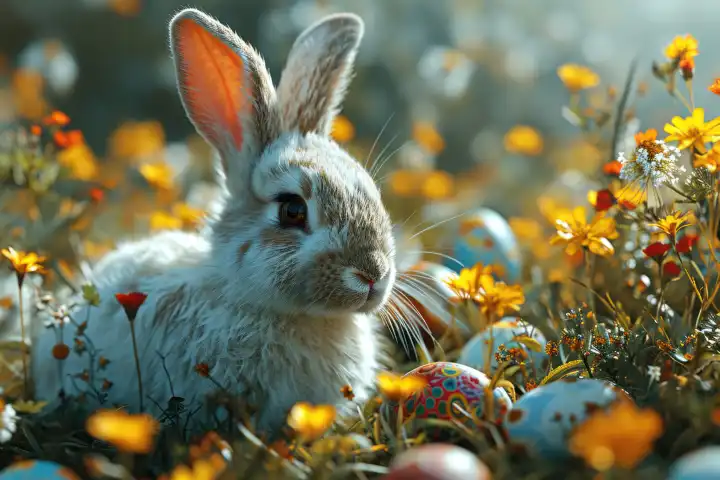 Cute bunny sits on a spring meadow with colourful Easter eggs and flowers, AI generated