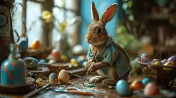 Easter bunny in his studio mixing colours to create Easter eggs, AI generated