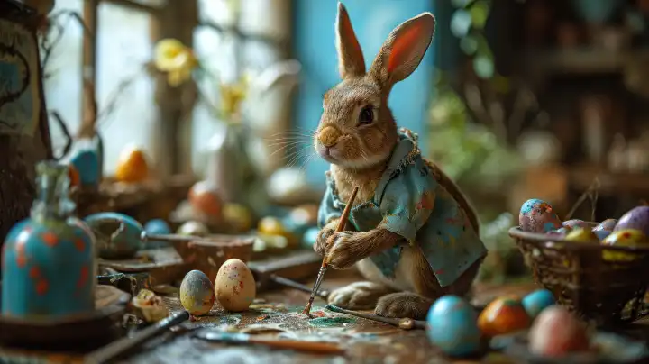 Easter bunny in his studio mixing colours to create Easter eggs, AI generated