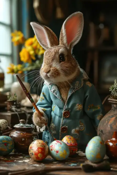 Easter bunny painted carefully Easter eggs in his creative studio, AI generated