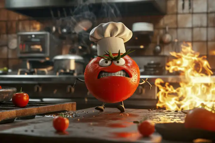 Satirische Szene einer militanten Tomate, die aus Protest die Küche in Brand setzt, KI-generiert