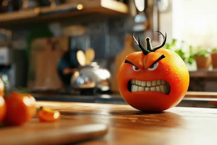 Humorvolles Bild einer beleidigten Tomate, die erkennt, dass ihr Schicksal im Salat endet, KI-generiert