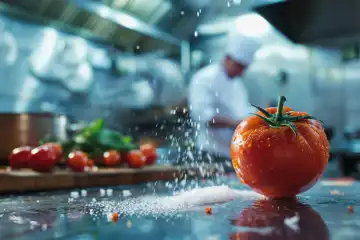 Fresh tomato next to salt on the table of a modern restaurant kitchen, AI generated