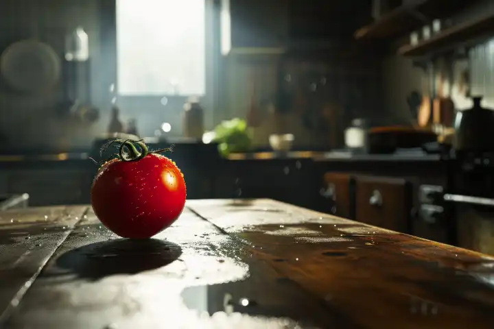 Knackige Tomate auf einer Echtholzplatte in der gemütlichen Atmosphäre einer Wohnküche, KI-generiert