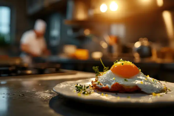 Tasty fried egg on the counter of a professional restaurant kitchen, AI generated