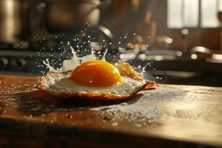 Freshly fried egg on a wooden board in the warm morning light of a kitchen, AI generated