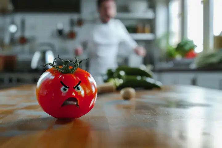 Satirische Darstellung einer empörten Tomate, die sich gegen ihre Auswahl für den Salat wehrt, KI-generiert