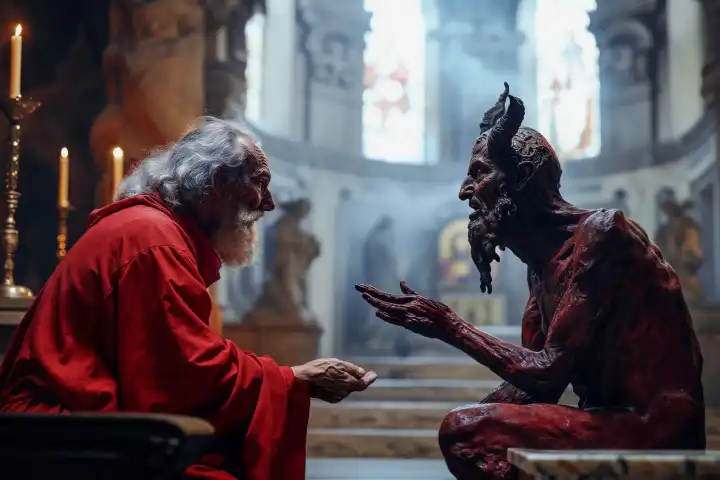 Gott und der Teufel in intensiver Diskussion Auge in Auge in einer Kirche, KI-generiertes Foto