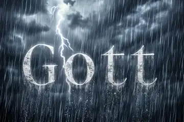 The word "God" appears in the sky during a stormy, rainy night with a bright flash, generated with AI