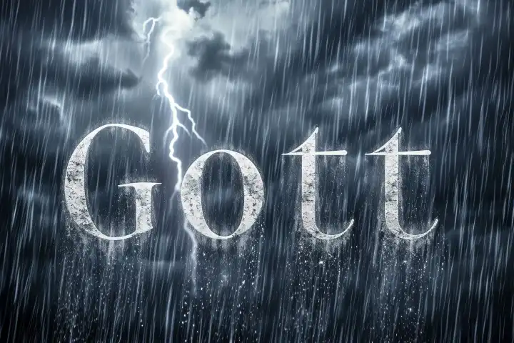 Das Wort "Gott" erscheint am Himmel während einer stürmischen, regnerischen Nacht mit grellem Blitz, KI-generiertes Foto