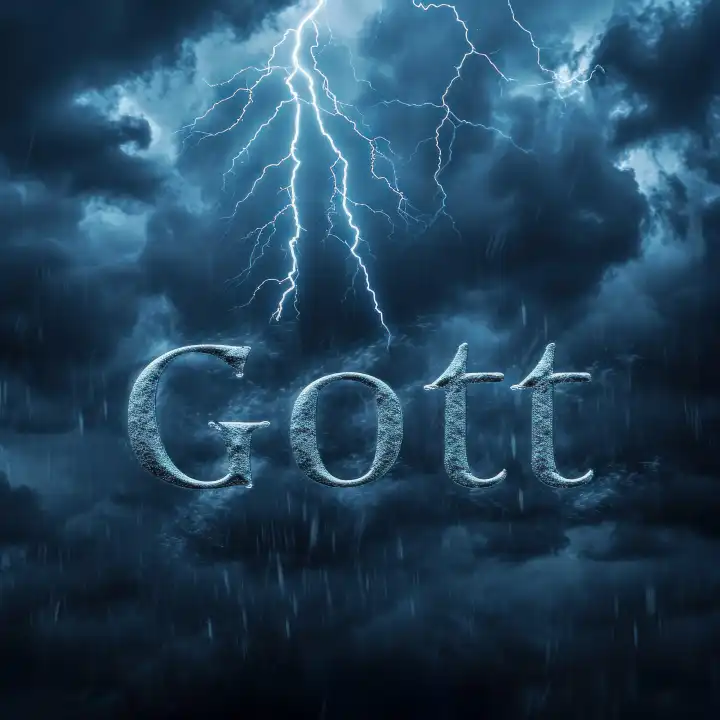 In stürmischer Nacht erscheint das Wort 'Gott' am Himmel, umrahmt vom Regen und angestrahlt von einem Blitz, KI-generiertes Foto