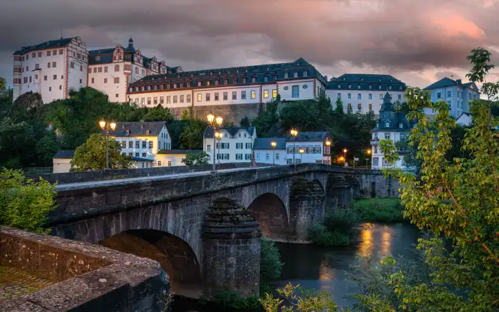 Panoramic image of historic buildings of Weilburg close to the Lahn river; Hesse; Germany