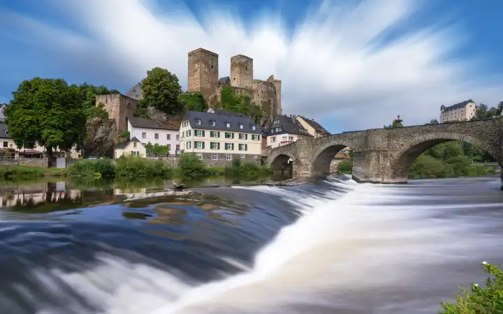Panoramic image of historic buildings of Runkel close to the Lahn river, Hesse, Germany