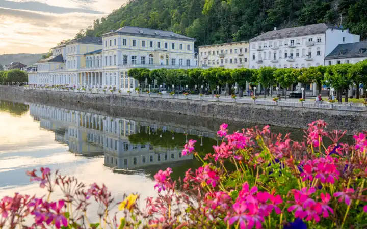 BAD EMS, GERMANY - AUGUST 11, 2023: Panoramic image of historic buildings of Bad Ems close to the Lahn river on August 11, 2023 in Rhineland-Palatinate, Germany