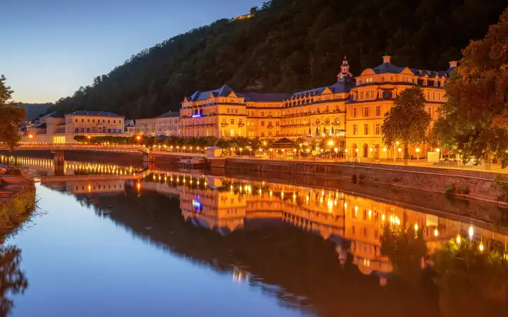 BAD EMS, GERMANY - AUGUST 10, 2023: Panoramic image of historic buildings of Bad Ems close to the Lahn river on August 10, 2023 in Rhineland-Palatinate, Germany