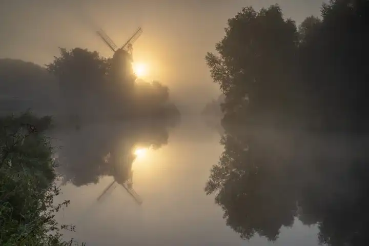 Hengstforder mill close to Bad Zwischenahn on a foggy morning, Lower Saxony, Germany