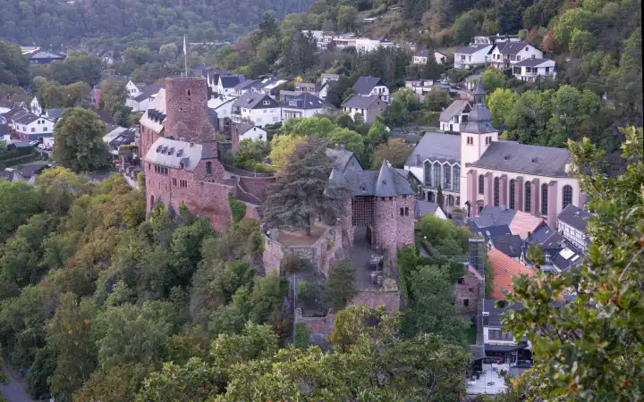 HEIMBACH, GERMANY - OCTOBER 5, 2023: Panoramic image of Hengebach Castle on October 5, 2023 in North Rhine Westphalia, Germany