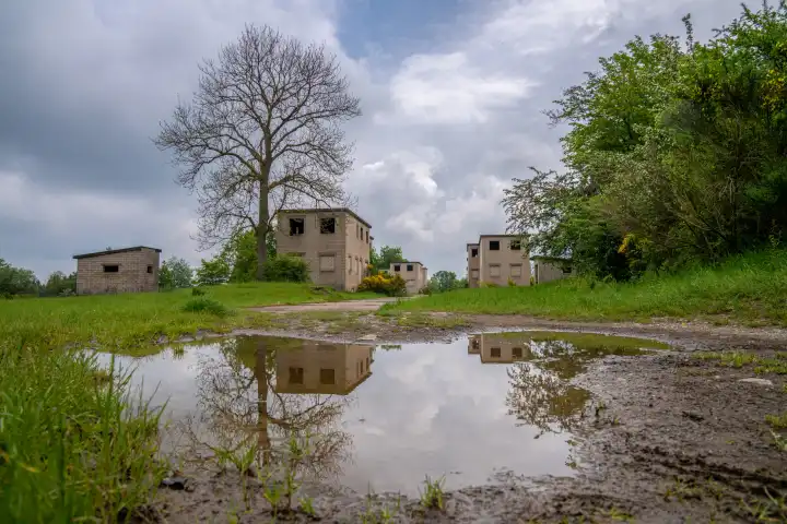 Vogelsang, Germany - May 19, 2024: Panoramic image of lost village Wollseifen close to the historic place of Vogelsang on May 19, 2024 in North Rhine Westphalia, Germany